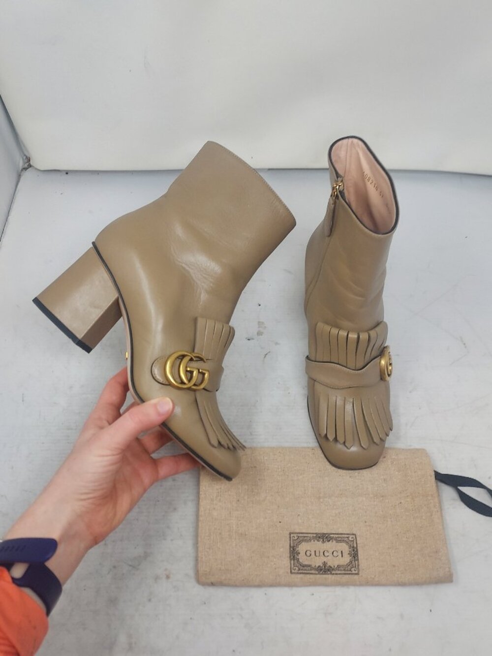 GUCCI Leather Taupe Beige Malaga GG Marmont Fringe Ankle Boot